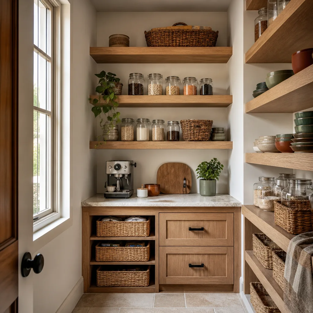 A walk-in pantry with wood shelving