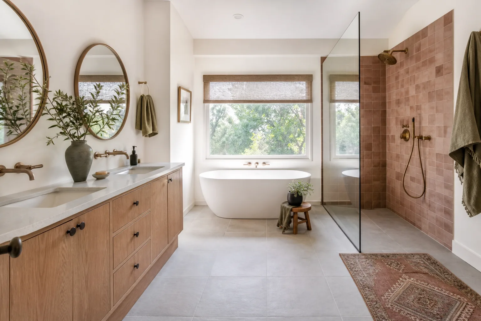 A remodeled primary bathroom with a soaking tub and walk-in shower