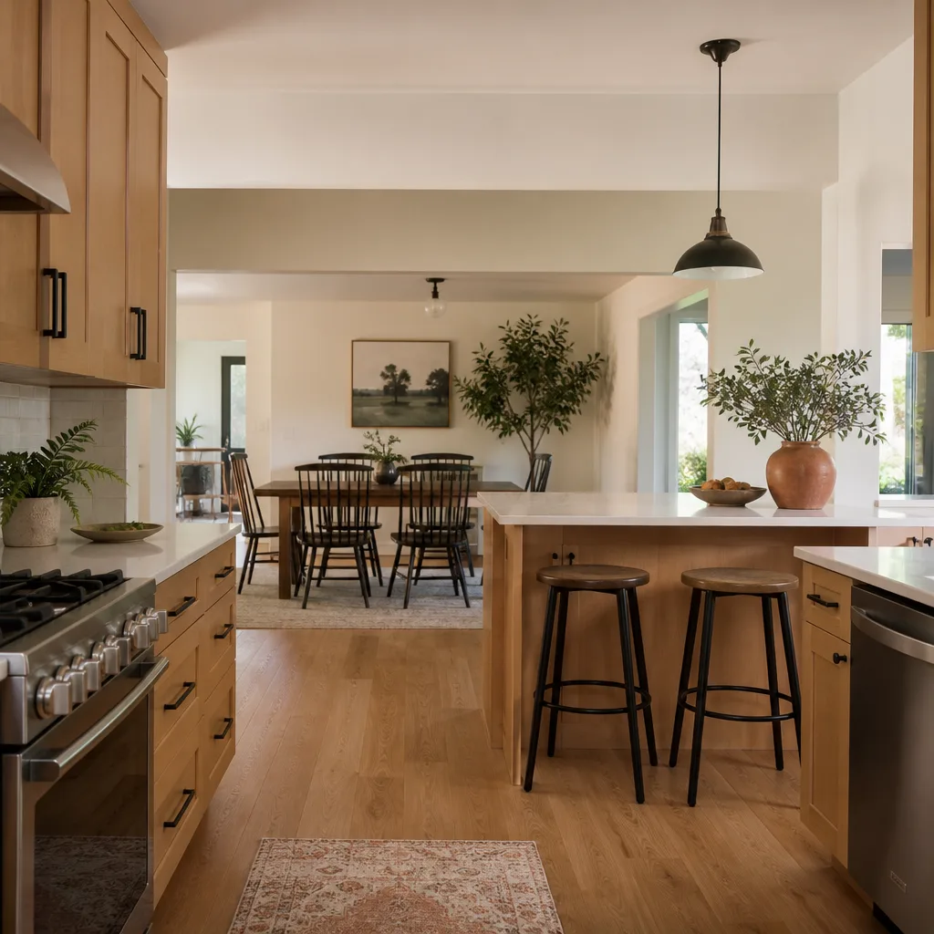 A galley kitchen opened up to the dining room with a new peninsula