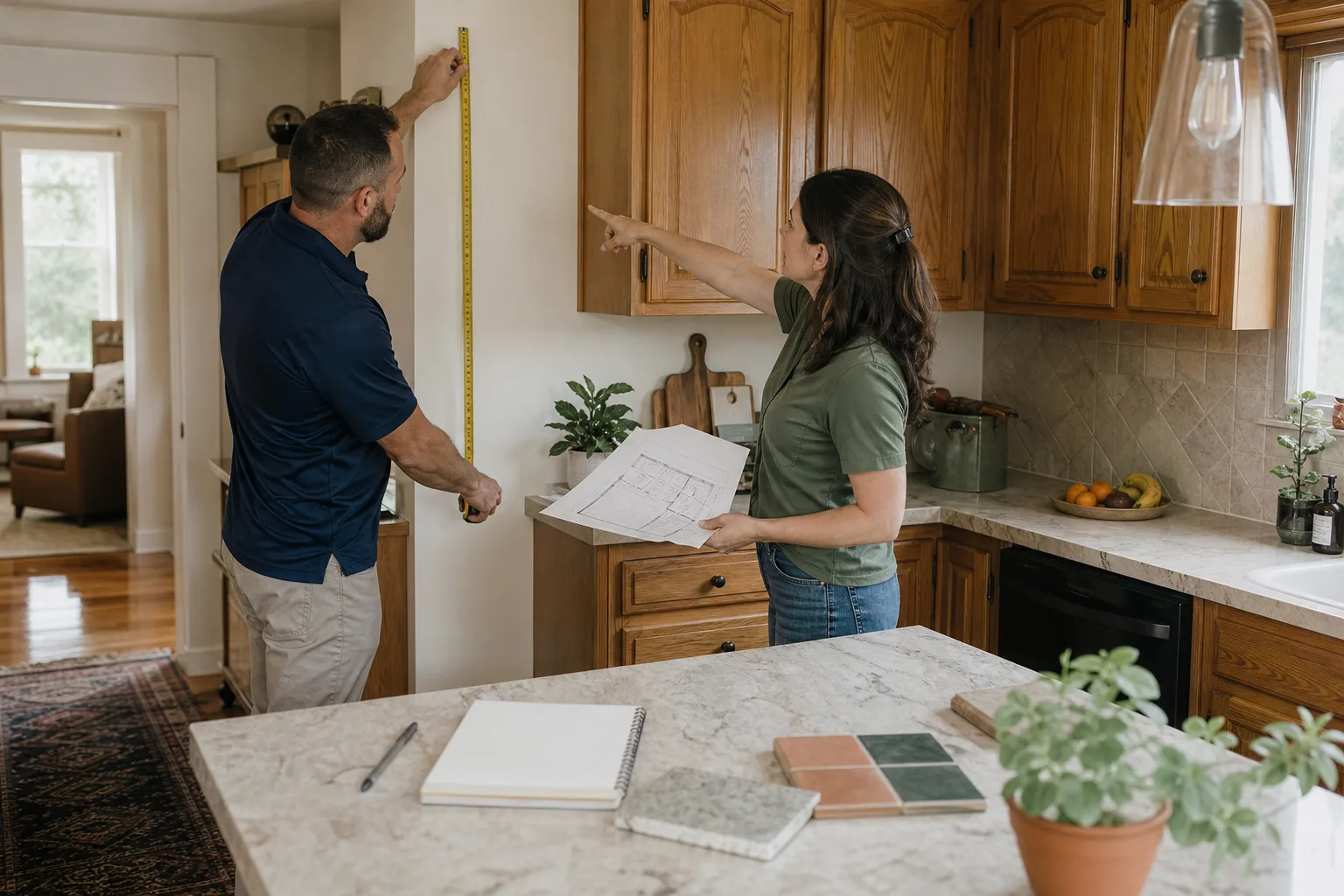 A project lead measuring a kitchen with the homeowner during a free estimate
