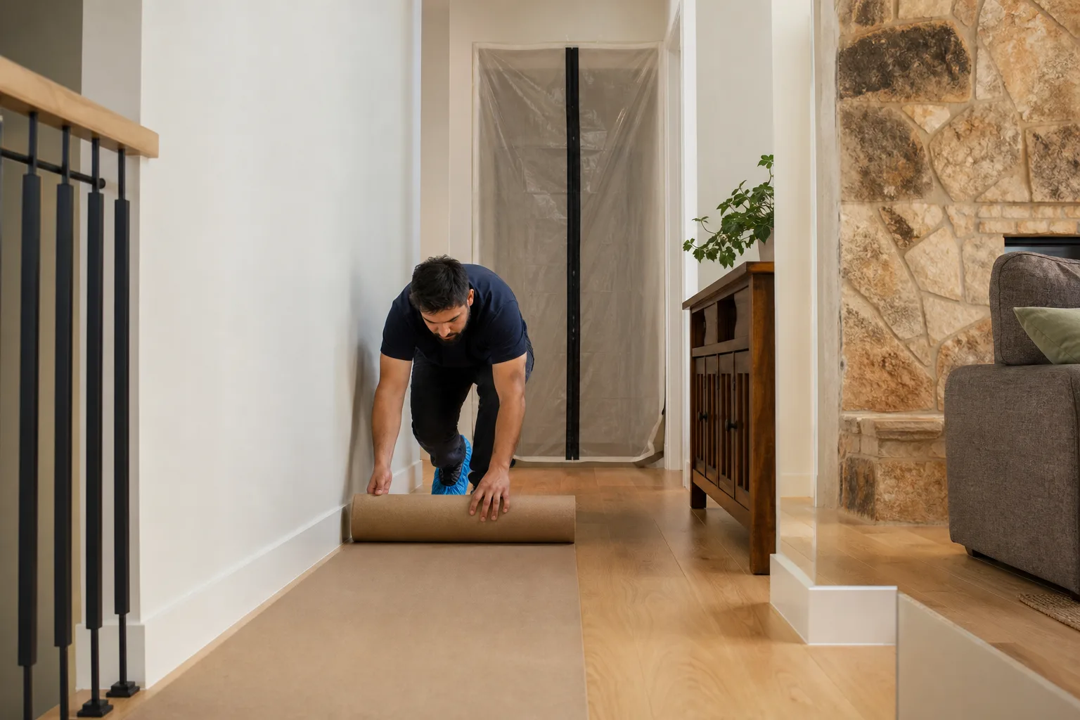 A worker laying floor protection and a dust barrier before work starts